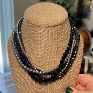 Vintage Multi-Strand Glass Black Grey Faux Pearl Beaded Necklace with Box Clasp